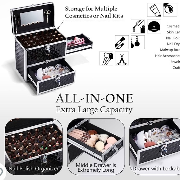 Frenessa Makeup Train Case Professional Cosmetic Box w/ Drawer Mirror xl - Picture 2 of 4